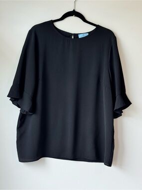 CeCe Black Flutter Sleeve Blouse XL Short Sleeve Textured Career Top